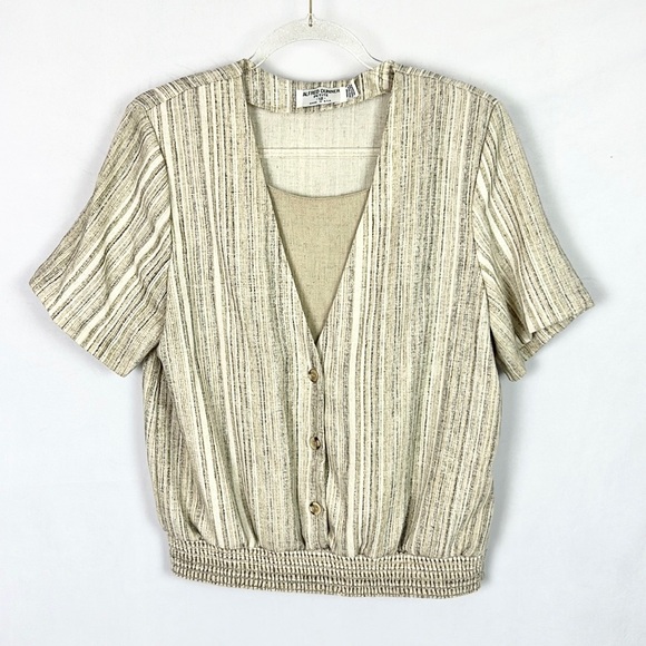 ALFRED DUNNER | ✨VINTAGE 90s!!✨ Cream Beige Striped Button-Up Short-Sleeved Top - Picture 5 of 9